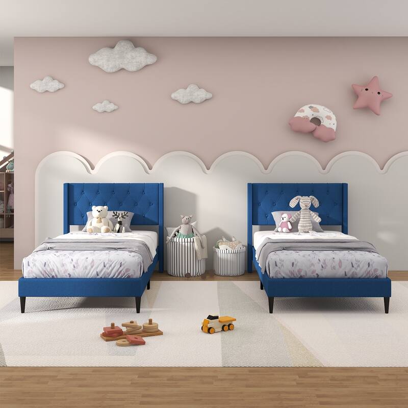 Upholstered Platform Bed with Button Tufted Wingback Headboard