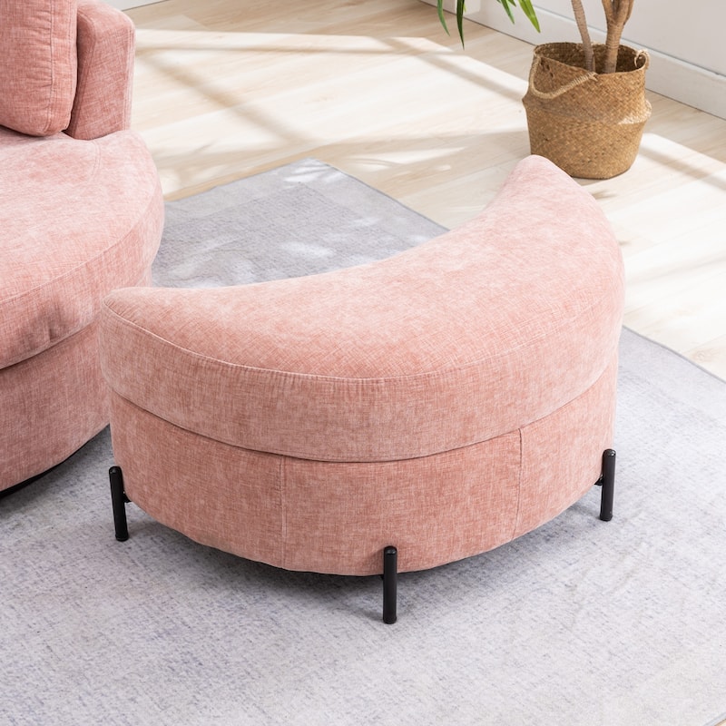 32.7" W Upholstered Half Moon Storage Ottoman Footrest Footstool - Pink/Chenille