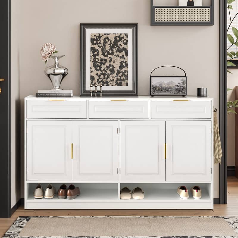 Farmhouse 59.1" Sideboard Cabinet with 3 Drawers and Open Shelf for Dining Room, Living Room, Entryway - White
