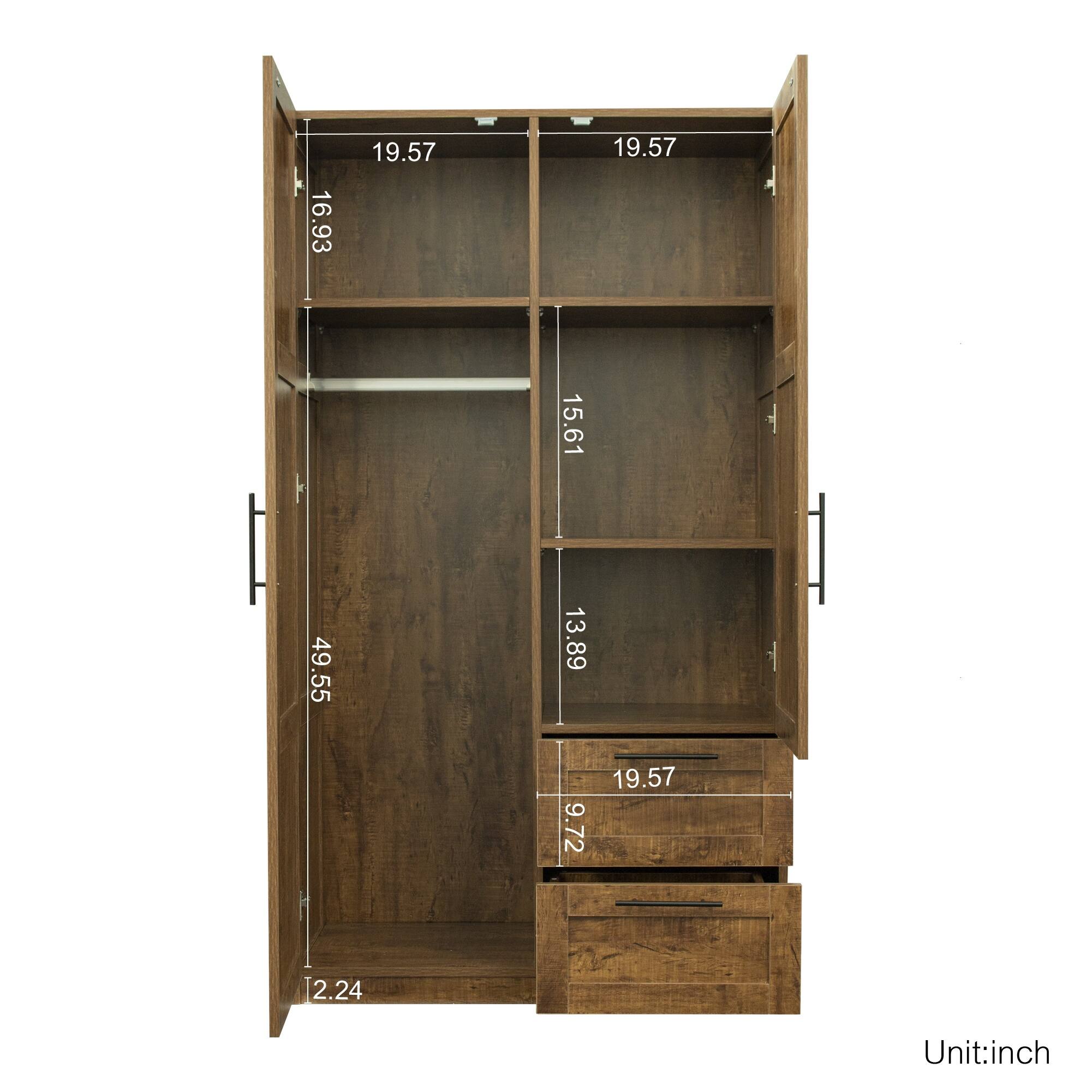 Clihome 40in Wooden High Wardrobe with 2 Drawers and 5 Storage Spaces