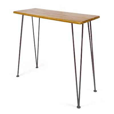 Rih Outdoor Bar Height Table, 47 Inch, Hairpin Legs, Brown Acacia Wood