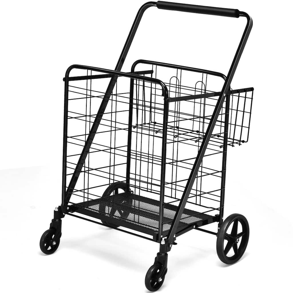Multi-Purpose Foldable Grocery Cart with 360 Degree Front Wheels and Large Basket and Back Storage - 25" x 25" x 40"(L x W x H)