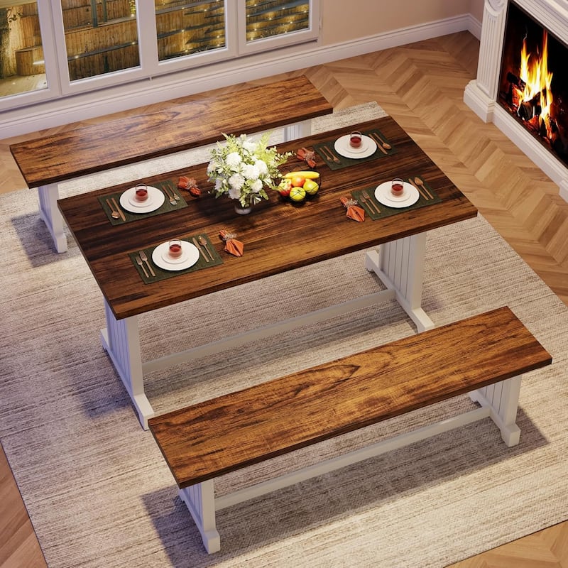 47" Farmhouse 3-Piece Dining Table Set for 2-4 - Space-Saving Kitchen Table with 2 Benches - Rustic Wood & Metal Furniture