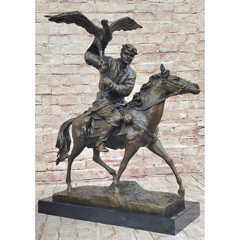 Horse Mounted Khazak Eagle Falcon Hunter Trained Bird Bronze Statue Sculpture Figure 21 Inches X 21 Inches