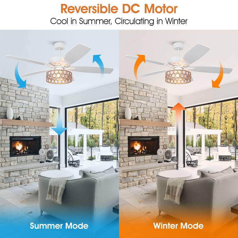 52" Bohemian White 5-Blade Natural Jute Ceiling Fan with Light Kit and Remote