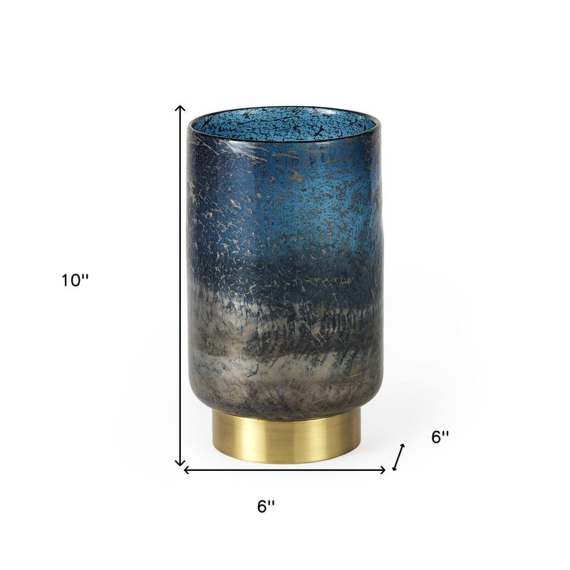 HomeRoots 10" Blue And Gold Abstract Cylinder Crystal Glass Table Vase