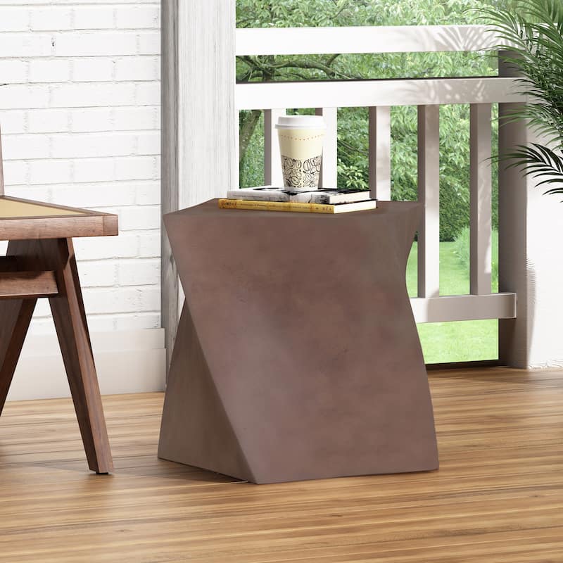 Roomfitters Outdoor Lightweight Concrete Side Table, Modern Geometric Accent Patio End Table, Brown Finish