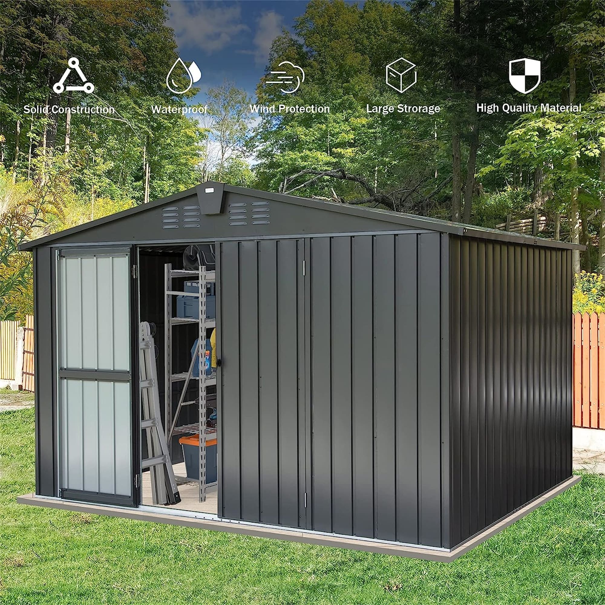 GDFStudio - Summit Galvanized Steel Backyard Storage Shed with Windows and Lockable Door
