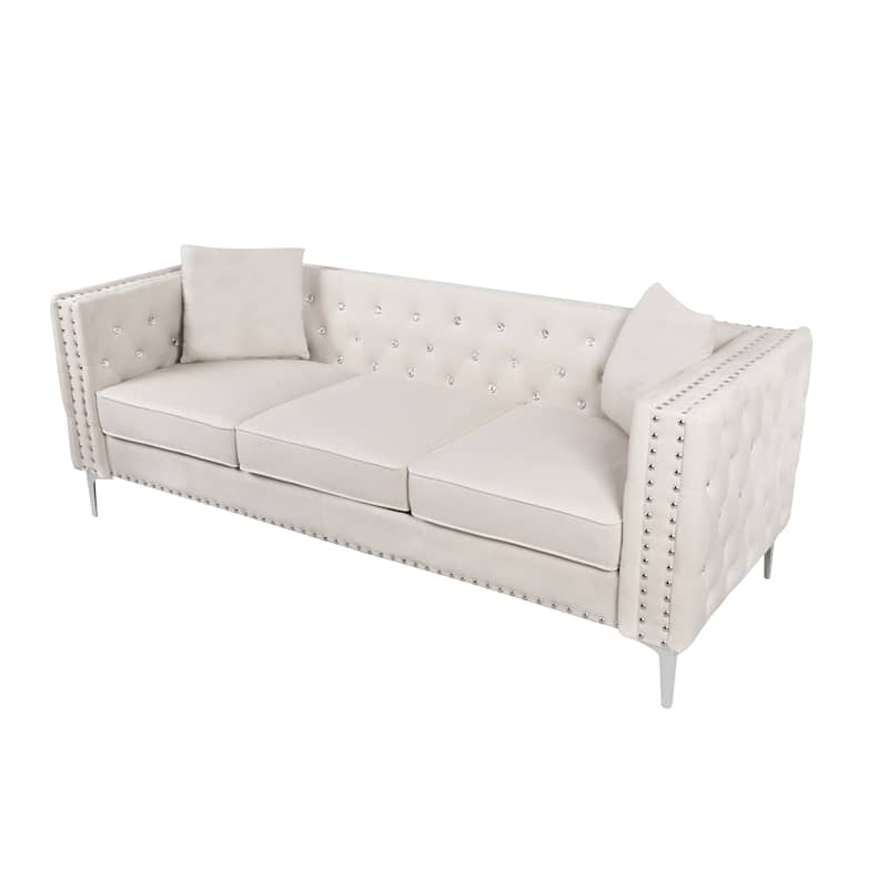 82.3" Width Modern Velvet Sofa Jeweled Buttons Tufted Square Arm Couch ,2 Pillows Included,Beige,4 colors