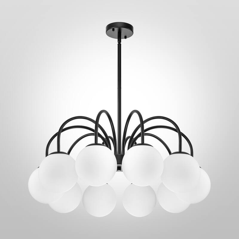 6/ 10-light Mid-Century Modern Black/ Brasss Round Sputnik Glass Globe Bubble Chandelier with Frosted Opal Glass Globe