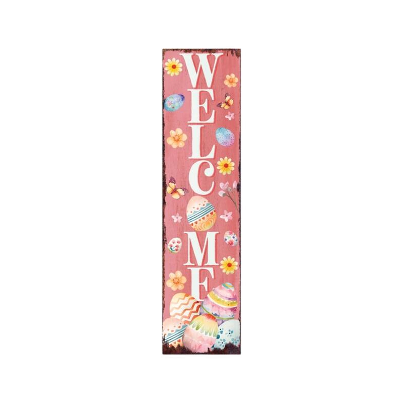 HomeRoots 36" Pink White And Yellow Solid Wood Welcome Easter Easter Egg Porch Sign