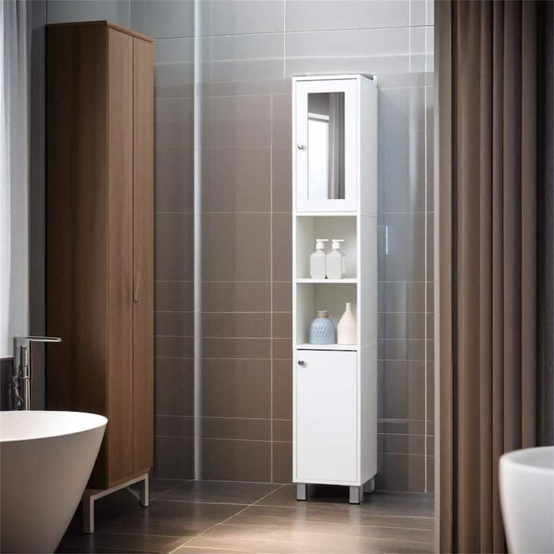 Tall Bathroom Storage Cabinet with Mirror - White