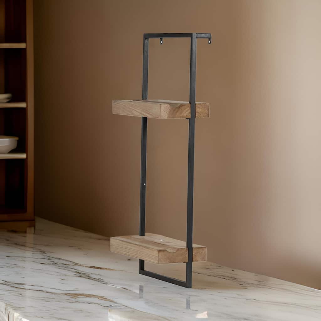 Yin 27 Inch Wall Shelf with 2 Tiers, Rectangular Black Iron, Brown Wood
