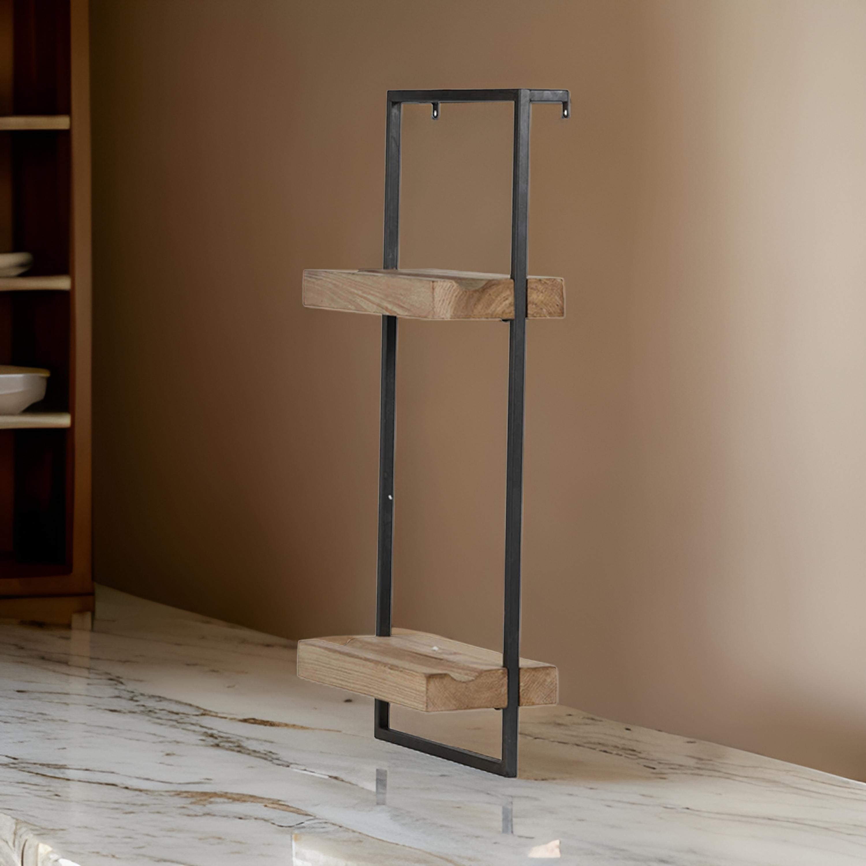Yin 27 Inch Wall Shelf with 2 Tiers, Rectangular Black Iron, Brown