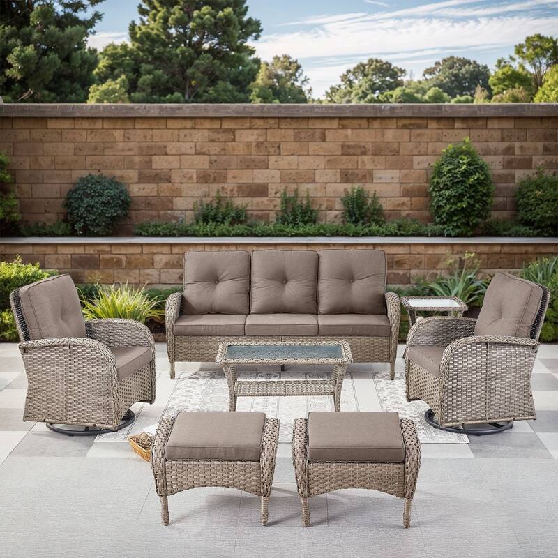 Gymojoy 7-Piece Outdoor Wicker Patio Furniture with 3 Seat Sofa & Swivel Chair, Coversation Set with Water Resistant Cushions - Grey Wicker / Grey Cusion - 7-Piece