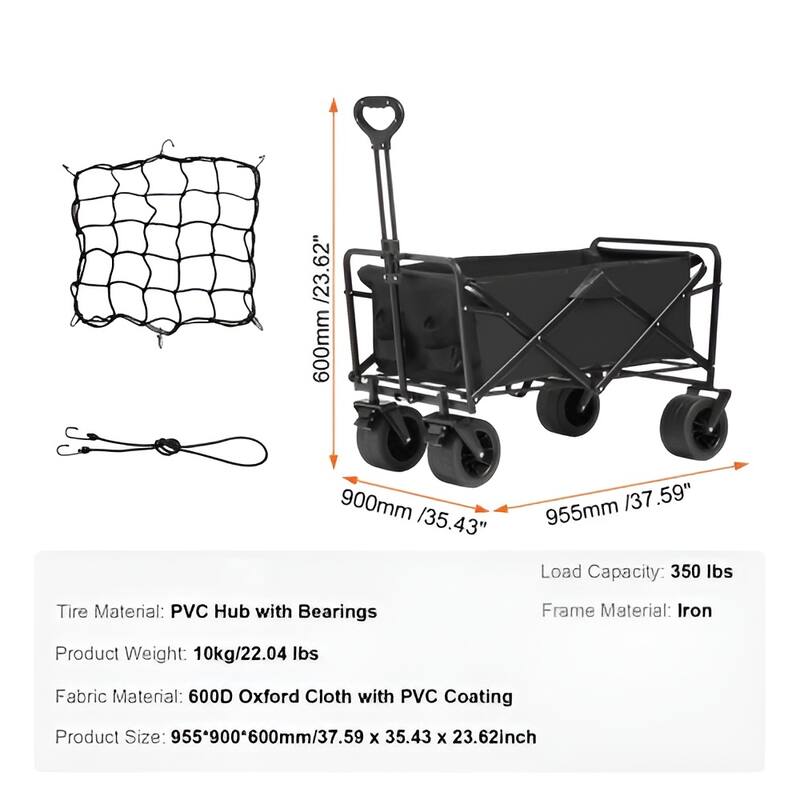 Black Oxford Iron Wagon 350lbs Foldable Cart with Lock Brakes - 37.59x35.43x23.62 inch