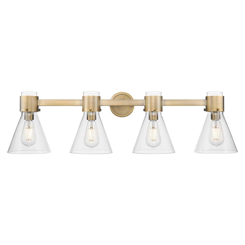 Innovations Lighting Downtown Urban - Lawton Cone - 4 Light 34" Wall-Mounted Bath Vanity Light - Brushed Brass, Clear