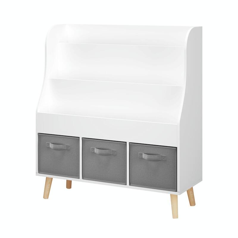 Kids Bookshelf with 3 Fabric Storage Bins - White Wooden Front-Facing Book Display Organizer with Pine Legs