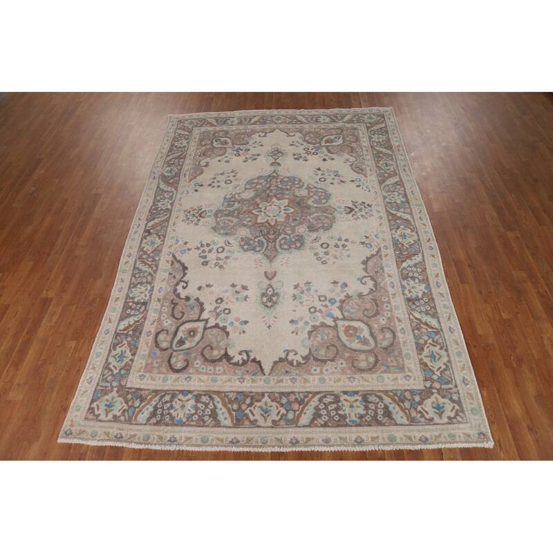 Floral Tabriz Persian Rug Hand-Knotted Traditional Beige Wool Carpet - 6'8"x 10'0"