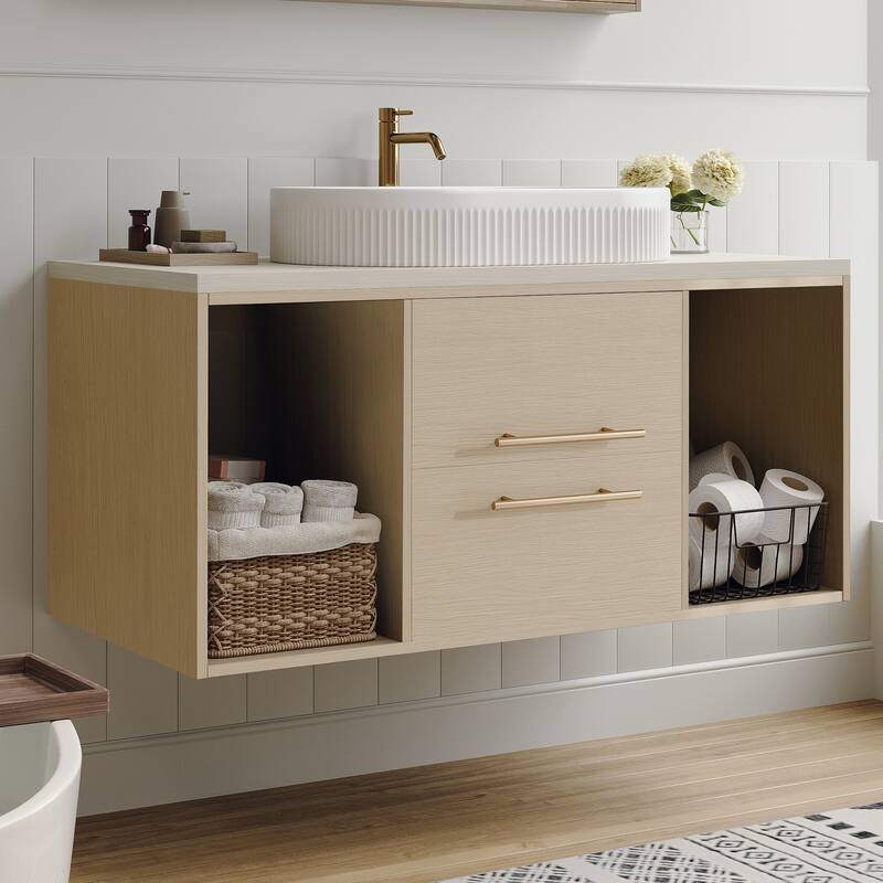 39.3"Wall-Mounted Bathroom Vanity with Oval Ceramic Sink,Floating Multi-Layer Cabinet Soft-Close Drawers Open Shelf Storage