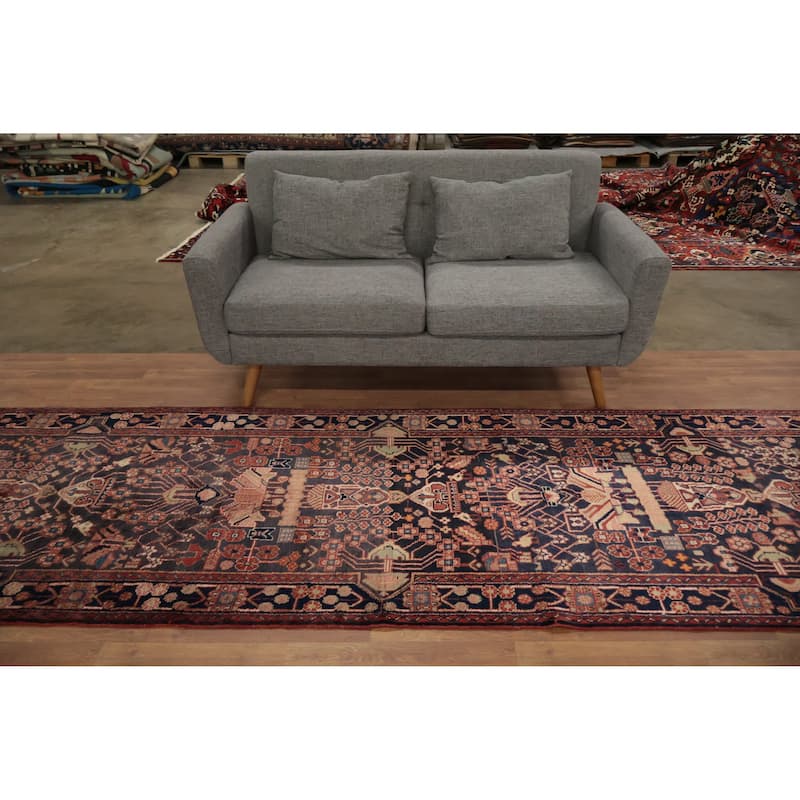 Hand Knotted Oriental 100% Wool Carpet Traditional Floral Navy Blue & Blues Lilian Runner Rug - 15' 10'' X 3' 5''