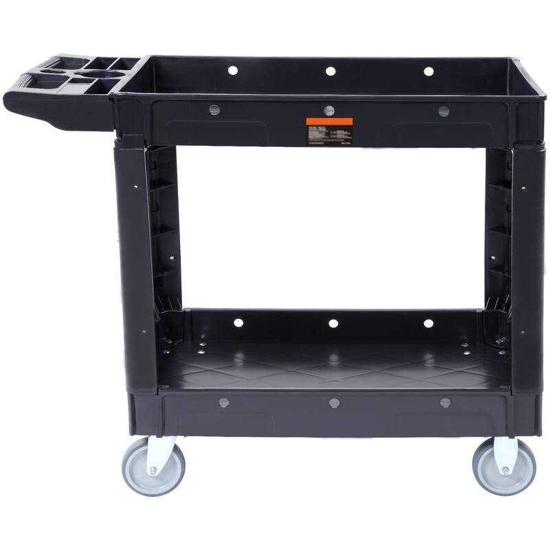 Black Plastic 2 Storage Shelf Rolling Utility Service Cart Swivel Lockable Wheels and Ergonomic Push Handle