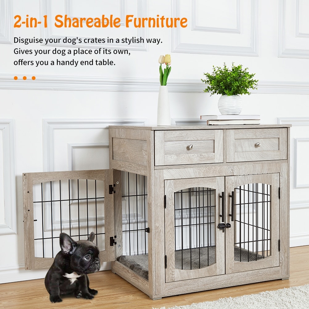 Dog Crate Furniture With Cushion Wooden Dog Crate Table With 2 Drawers 3 Doors Dog Furniture Indoor Dog Kennel Dog House Dog Cage Side End Table