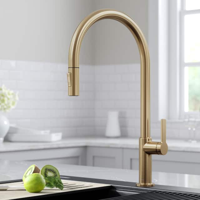 Kraus 2-Function 1-Handle 1-Hole Pulldown Sprayer Brass Kitchen Faucet - KPF-2821 - 20 3/8" Height (Oletto collection) - SFACB - Spot Free Antique Champagne Bronze