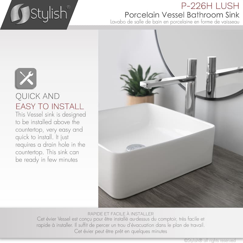 STYLISH 14 1/2 inch Square Porcelain Bathroom Sink - 14 1/2" x 14 1/2" x 5"