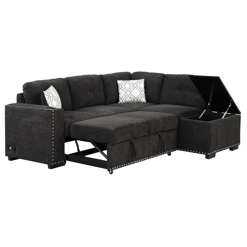 83.8" L-Shaped 4-Seat Sofa with Pull-Out Bed & Storage