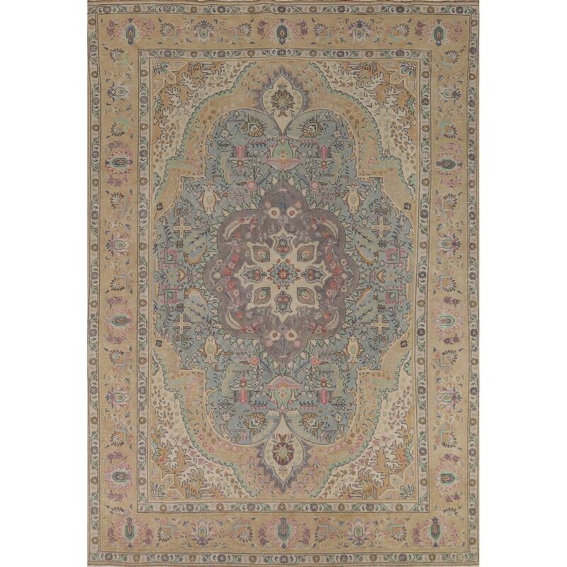 Blue / Medallion Tabriz Persian Vintage Rug Handmade Wool Carpet - 7'11" x 11'1"