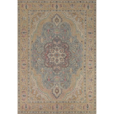 Blue / Medallion Tabriz Persian Vintage Rug Handmade Wool Carpet - 7'11" x 11'1"