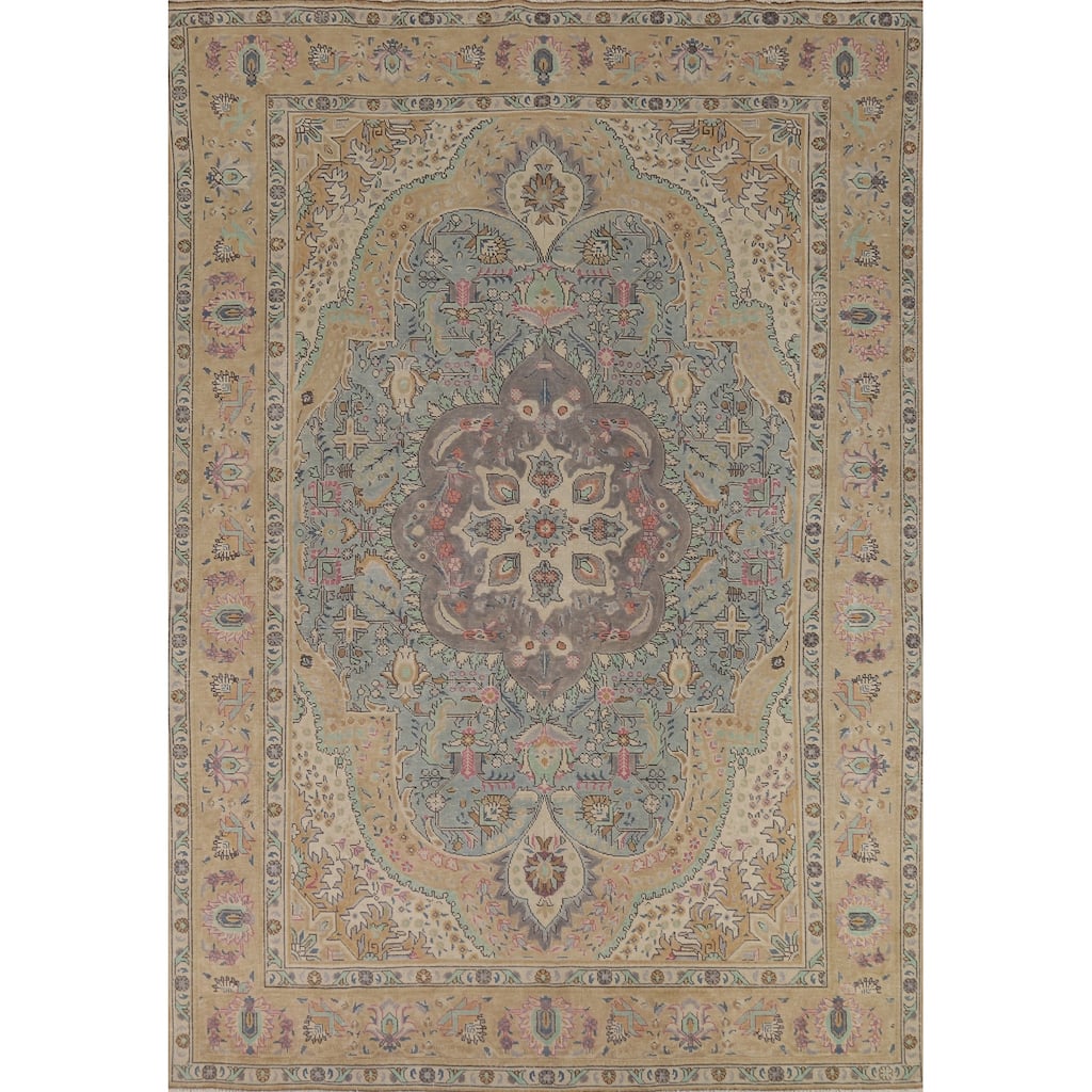 Blue / Medallion Tabriz Persian Vintage Rug Handmade Wool Carpet - 7'11" x 11'1"