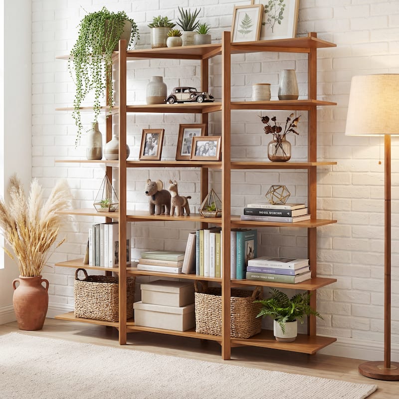 Christopher Knight Home - Farmhouse Pine Wood 6-Tier Open Shelf Bookcase with Acacia Veneer - Brown