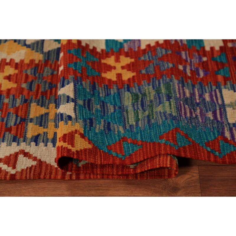 Geometric Kilim Oriental Rug Hand-Woven Multi-Color Wool Carpet - 8'5"x 9'9"