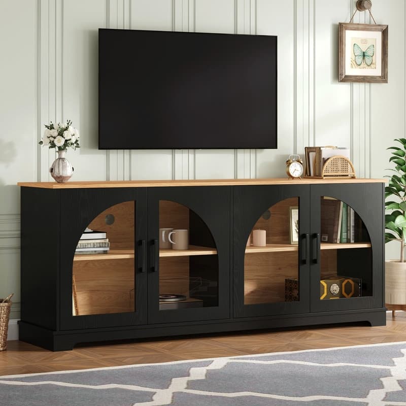 Farmhouse 66.9" TV Stand for TVs Up to 70", Wood Media Console with Adjustable Shelves and Glass Doors