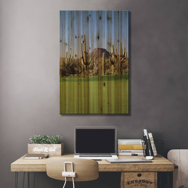 Saguaro cacti in a golf course, Troon North Golf Club, Scottsdale, Arizona, USA Print On Wood by Panoramic Images - Multi-Color