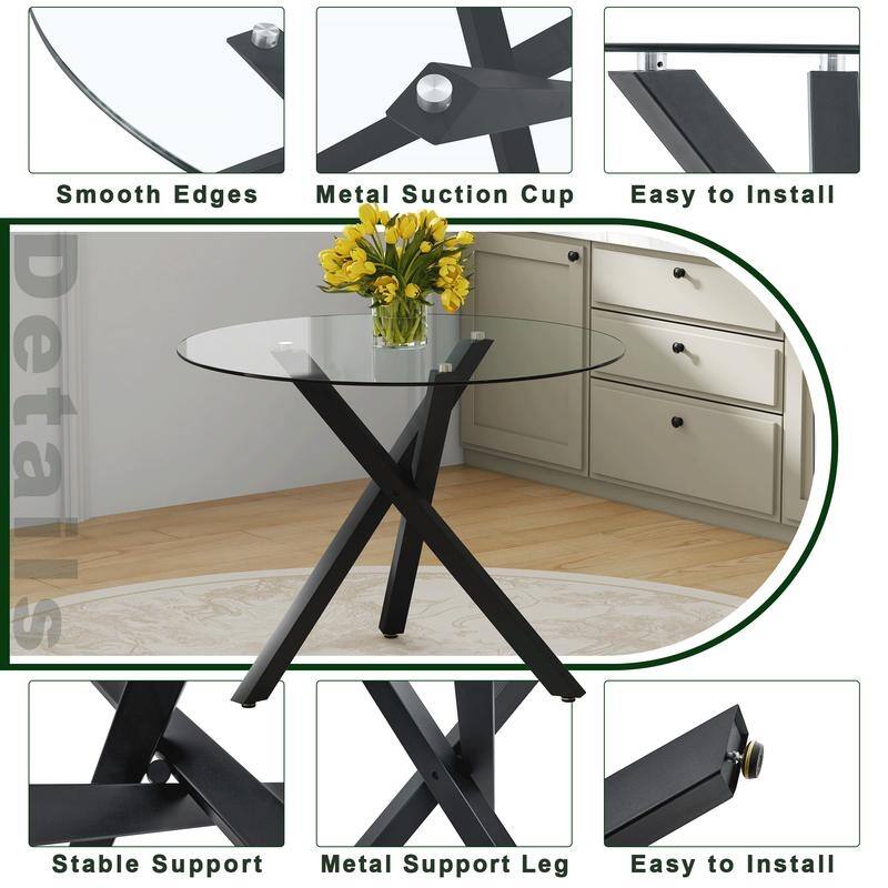 Modern 39" Round Glass Top Dining Table with X-Frame for Small Spaces