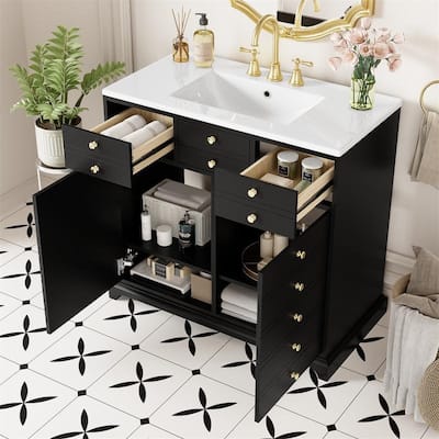 36'' Bathroom Vanity with Resin Sink, Modern Bathroom Vanity Cabinet with 2 Drawers, 2 Soft Close Doors and Storage Shelves