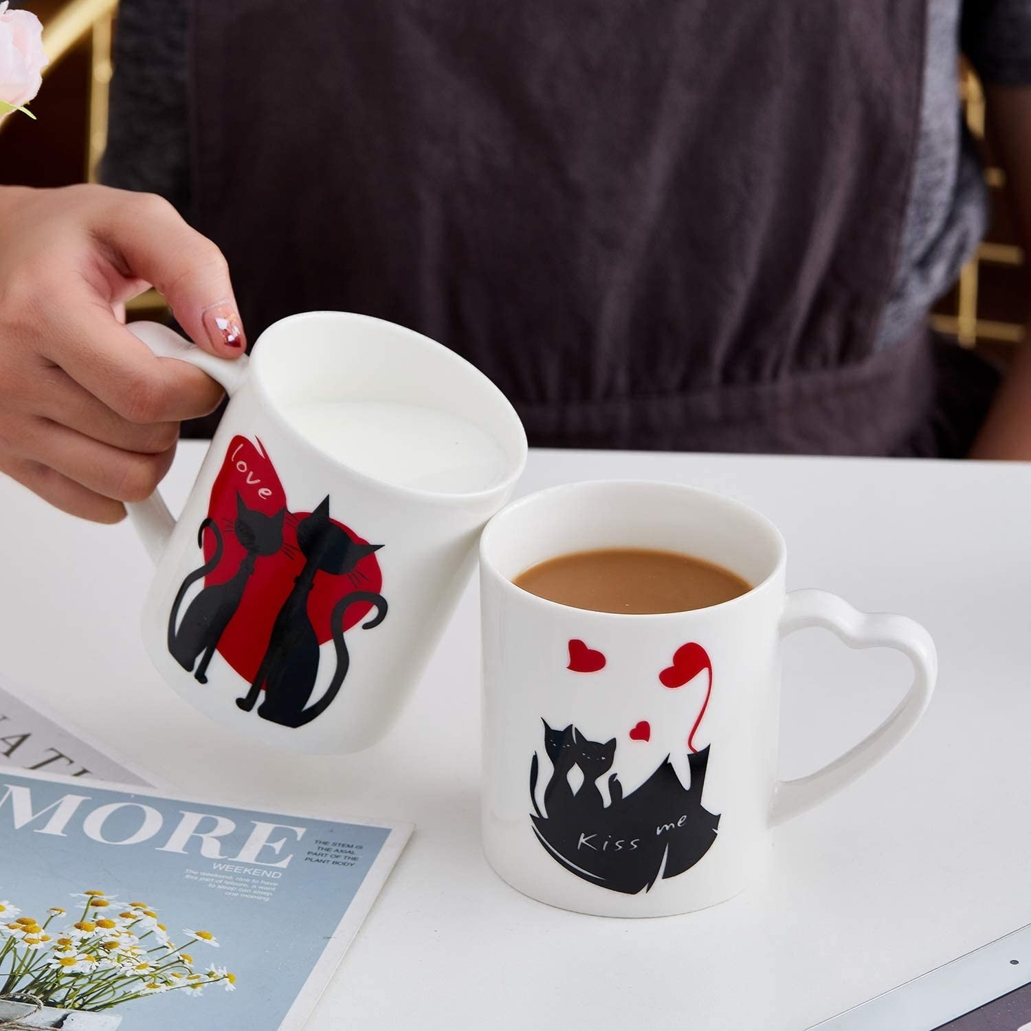 Bruntmor Ceramic Coffee Mugs Set of 4 Love Cats Romantic Mugs For Gift 12 Ounce