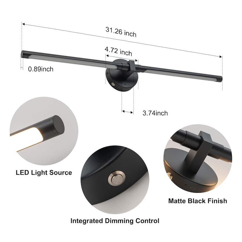 Starsky Minimalist Rechargeable Linear LED Vanity Light Dimmable Metal Wall Sconce with Remote