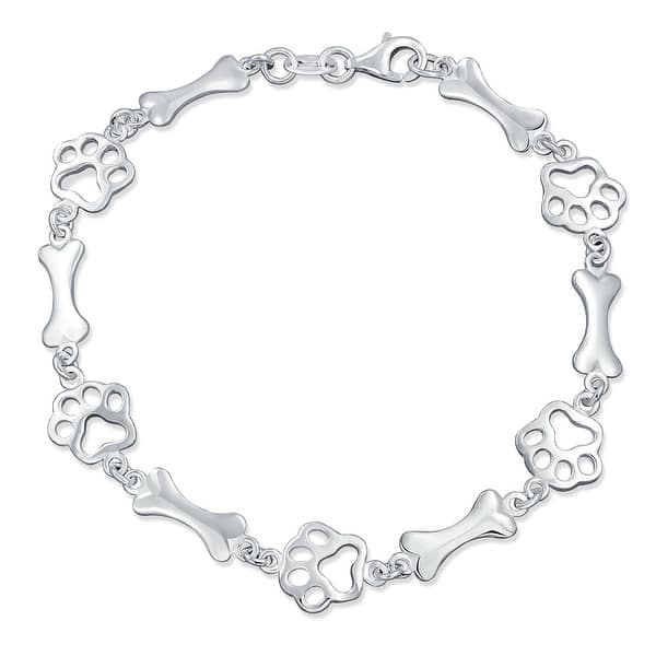 slide 1 of 5, Pet Lover Dog Puppy Paw Print BFF Bone Charm Bracelet Sterling Silver Silver