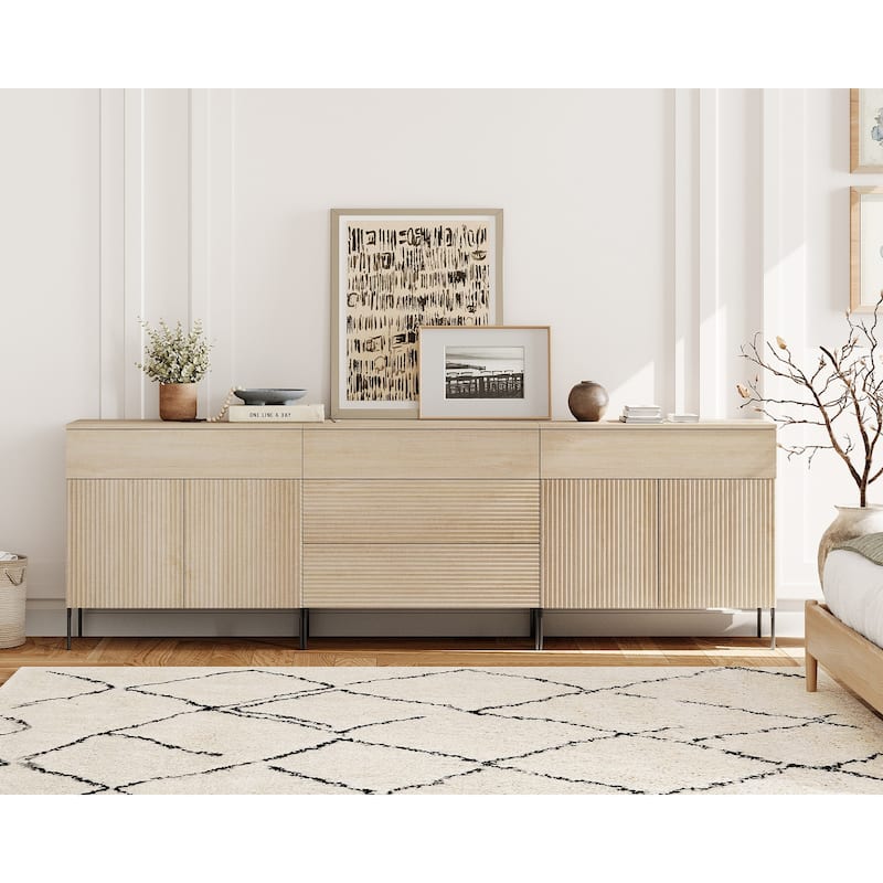 94.5" Modern Reeded Minimalist Sideboard With Doors And Drawers, 3-In-1 Wooden Credenza