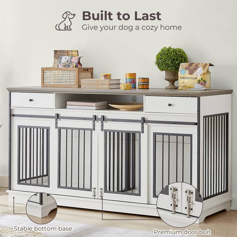 Sapphome Dog Crate Furniture Large Breed TV Stand with Drawer & 2 Sliding Doors, Grey