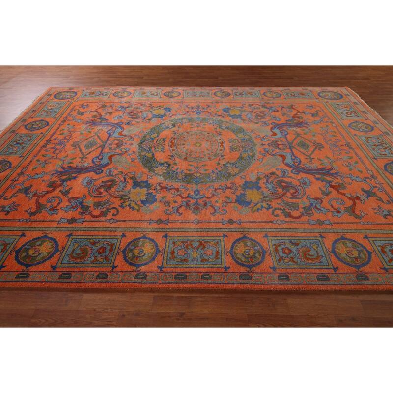Orange Geometric Khotan Oriental Area Rug Hand-Knotted Wool Carpet - 8'10"x 11'10"