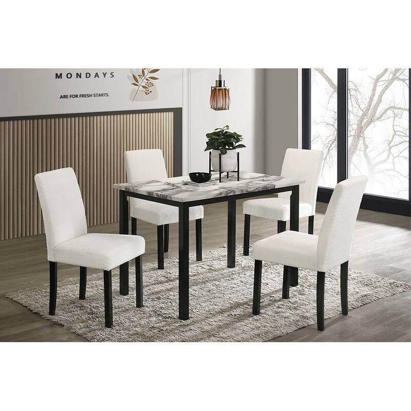 Contemporary 5-piece Dining Set White Chairs faux marble Top Table