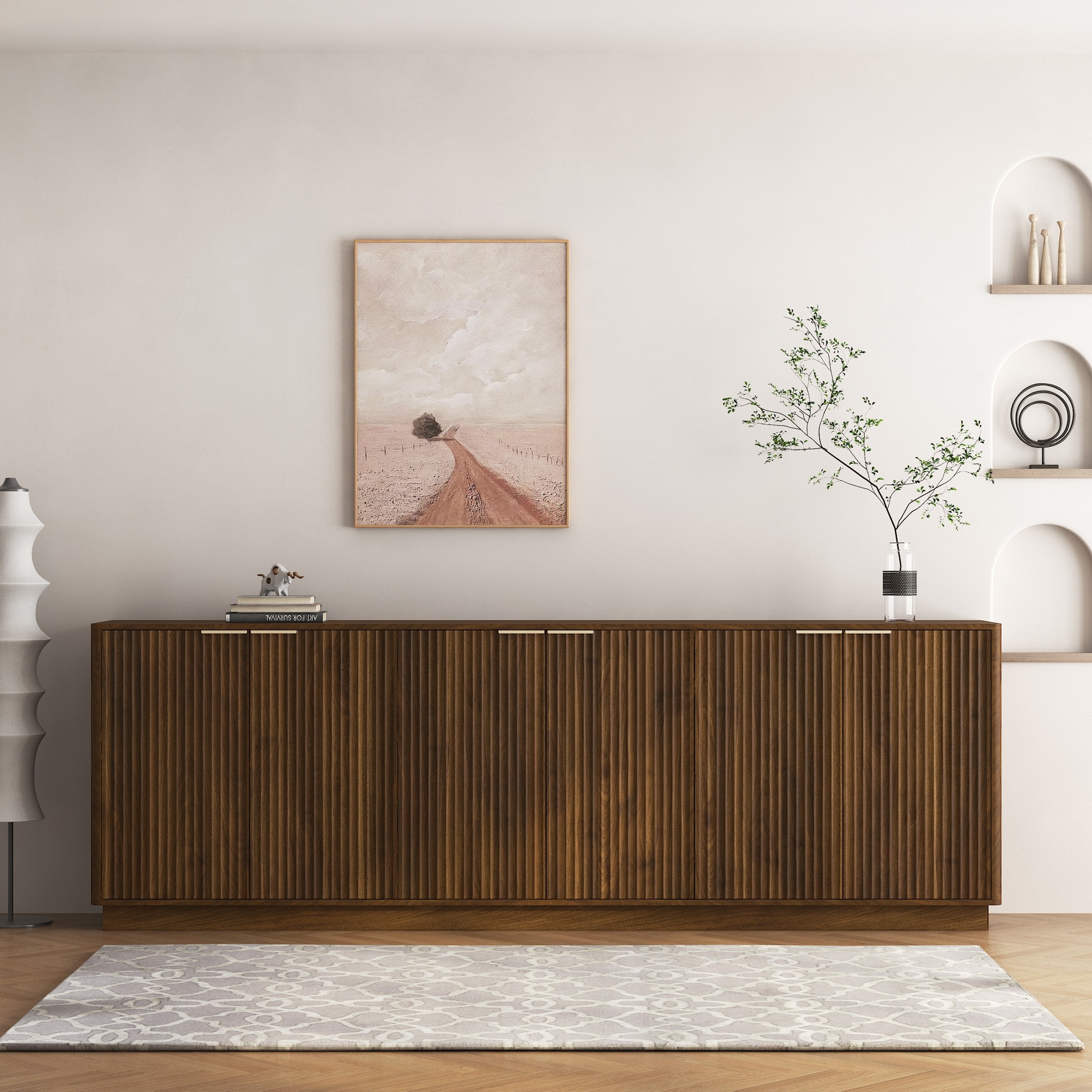 Wood Modern Fluted Sideboard Buffet Cabinet with Adjustable Shelves