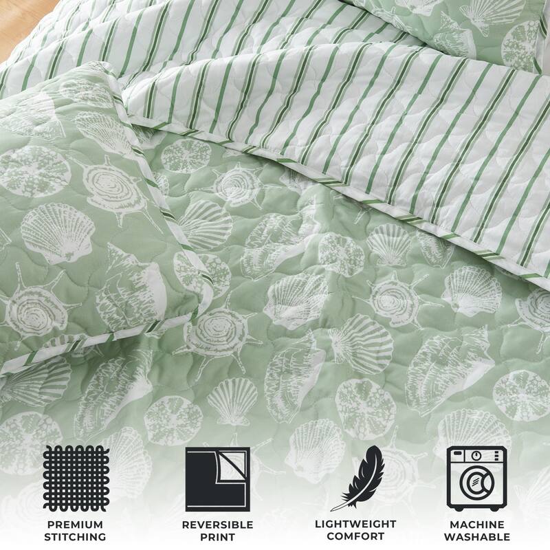 Premium Green Seashell Microfiber Quilt Set With Shams