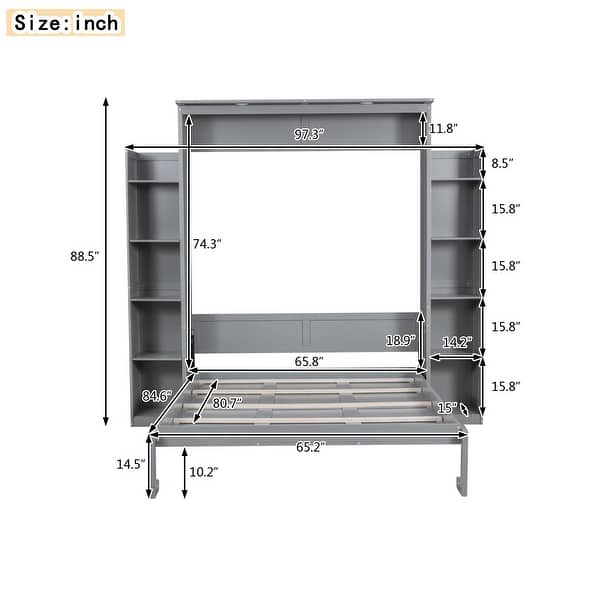 Queen Size Wall Bed with Storage Cabinets and Built-in Lighting Foldable Space Saving Murphy Bed