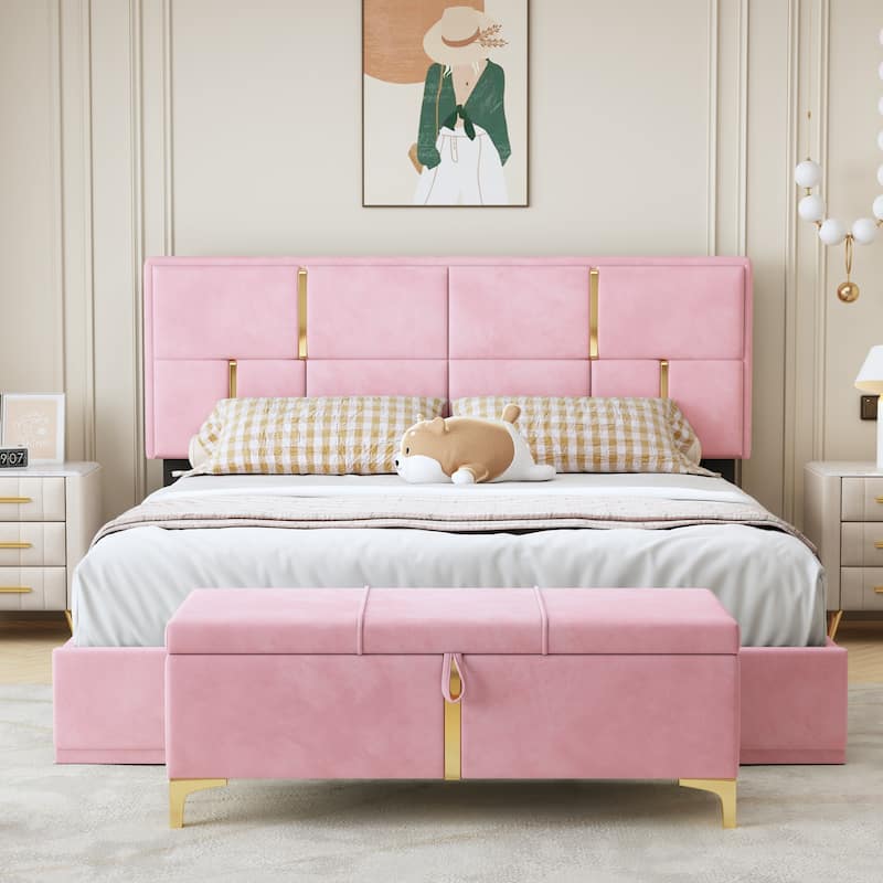 2-Pieces Bedroom Sets, Queen Size Upholstered Platform Bed with Hydraulic Storage System, Storage Ottoman with Metal Legs - Pink - Queen